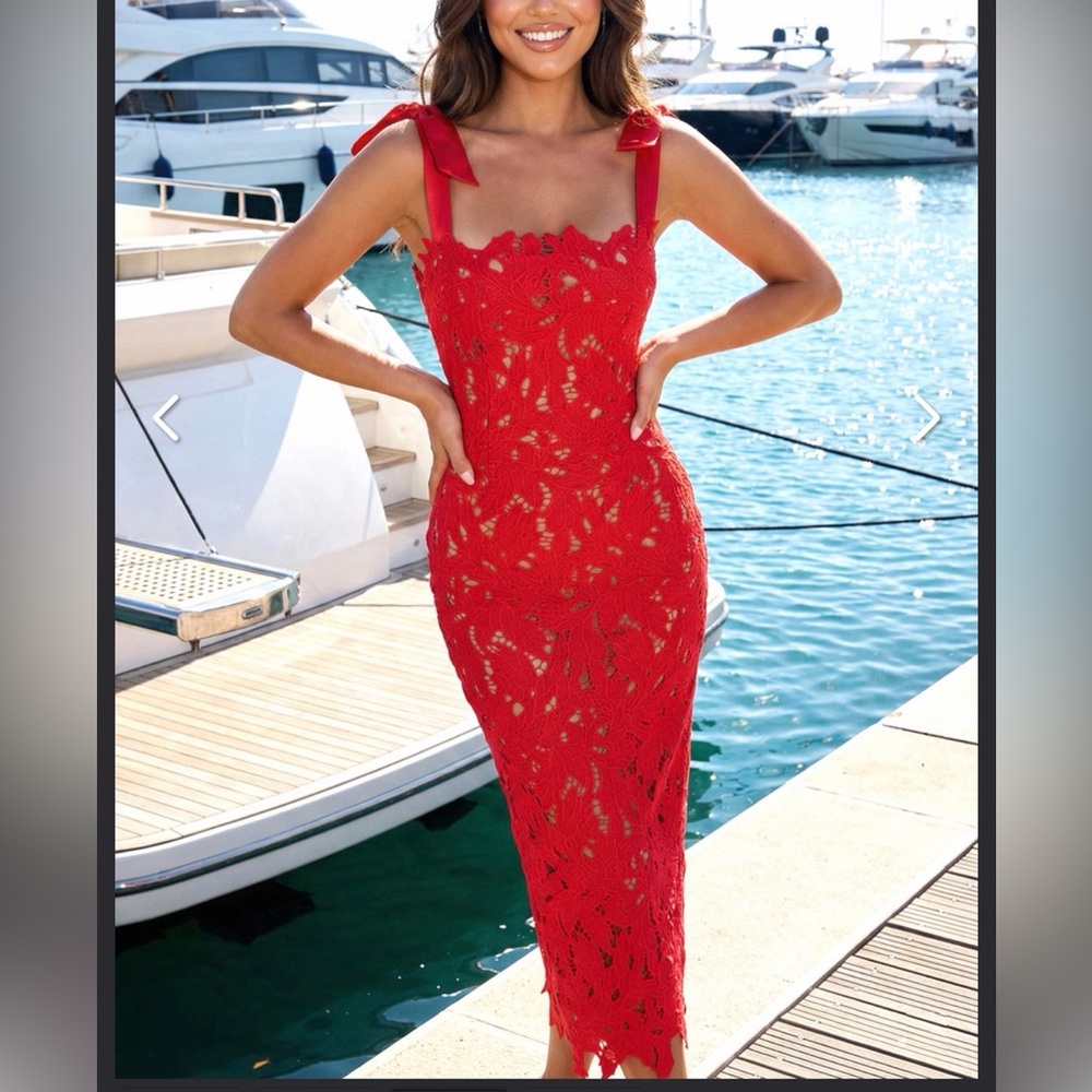 Chic Red Lace Midi Dress